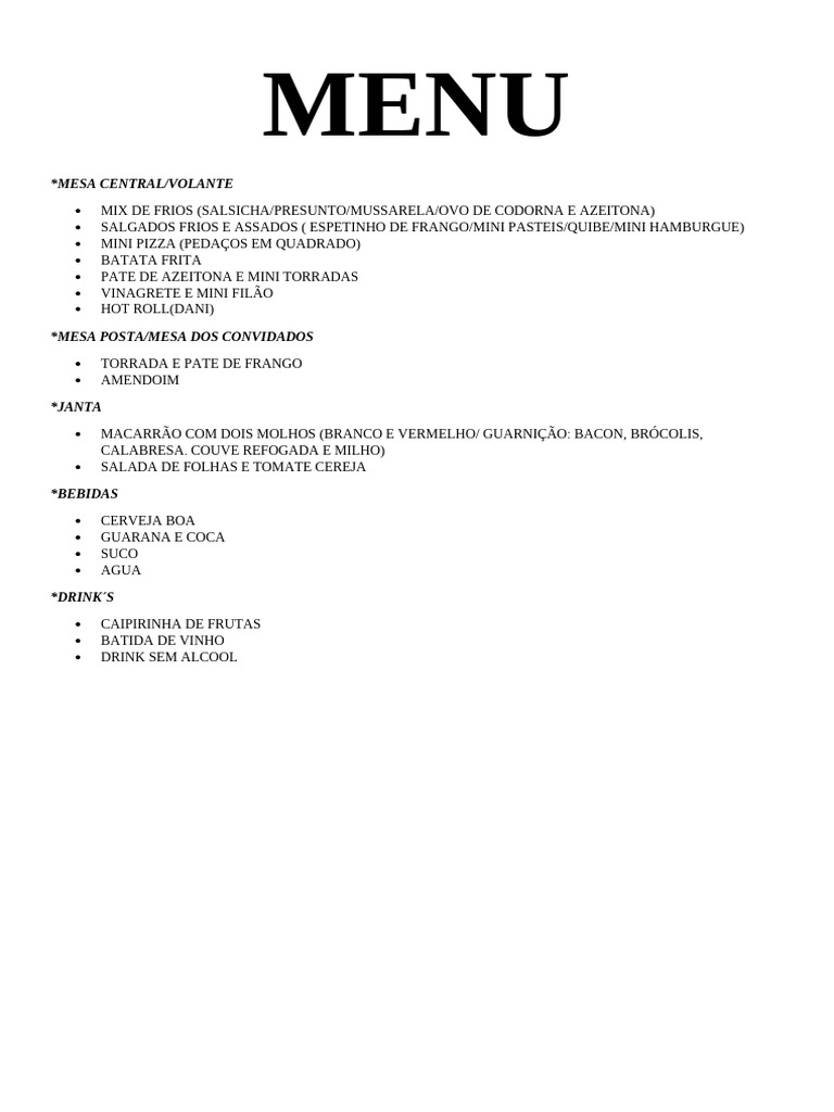 Menu Variado para Eventos e Festas | PDF