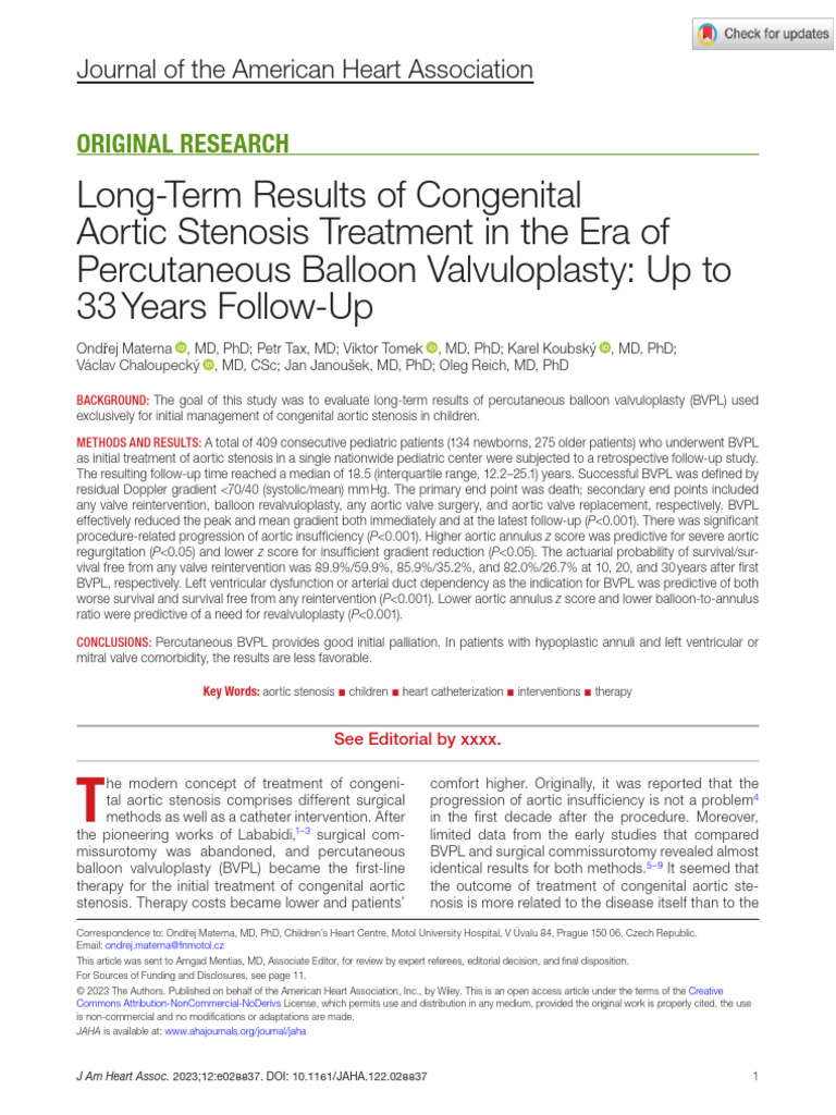 Materna Et Al 2023 Long Term Results of Congenital Aortic Stenosis ...
