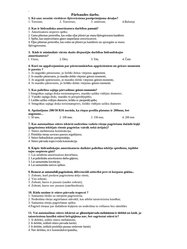 PĀRBAUDES DARBI - Auto Uzbūve Eksāmena Tests 4.kurss - Kopija | PDF