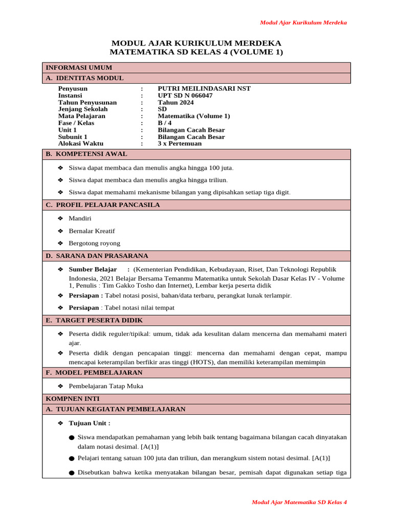 Modul Ajar Matematika Kelas 4 SD | PDF