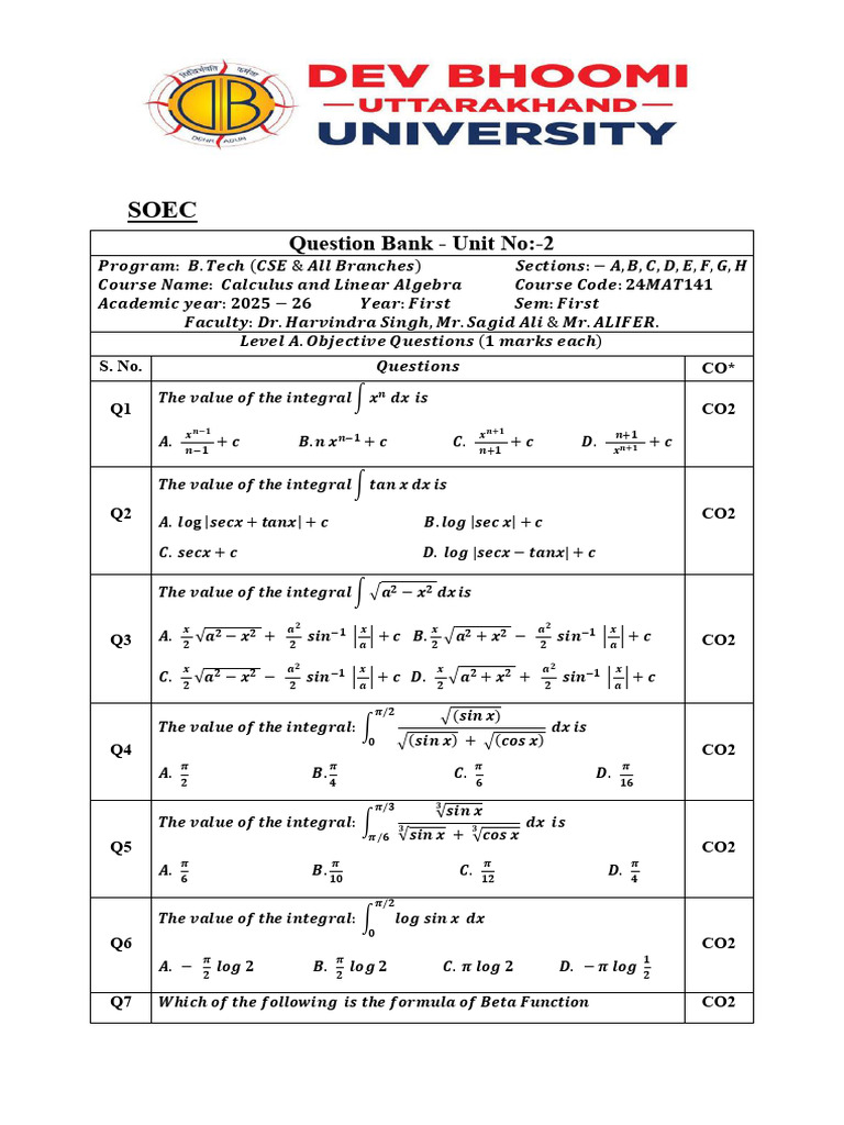 Unit-2-Integral Calculus-Question Bank of Calculus&LA-By ALIFER Sir | PDF