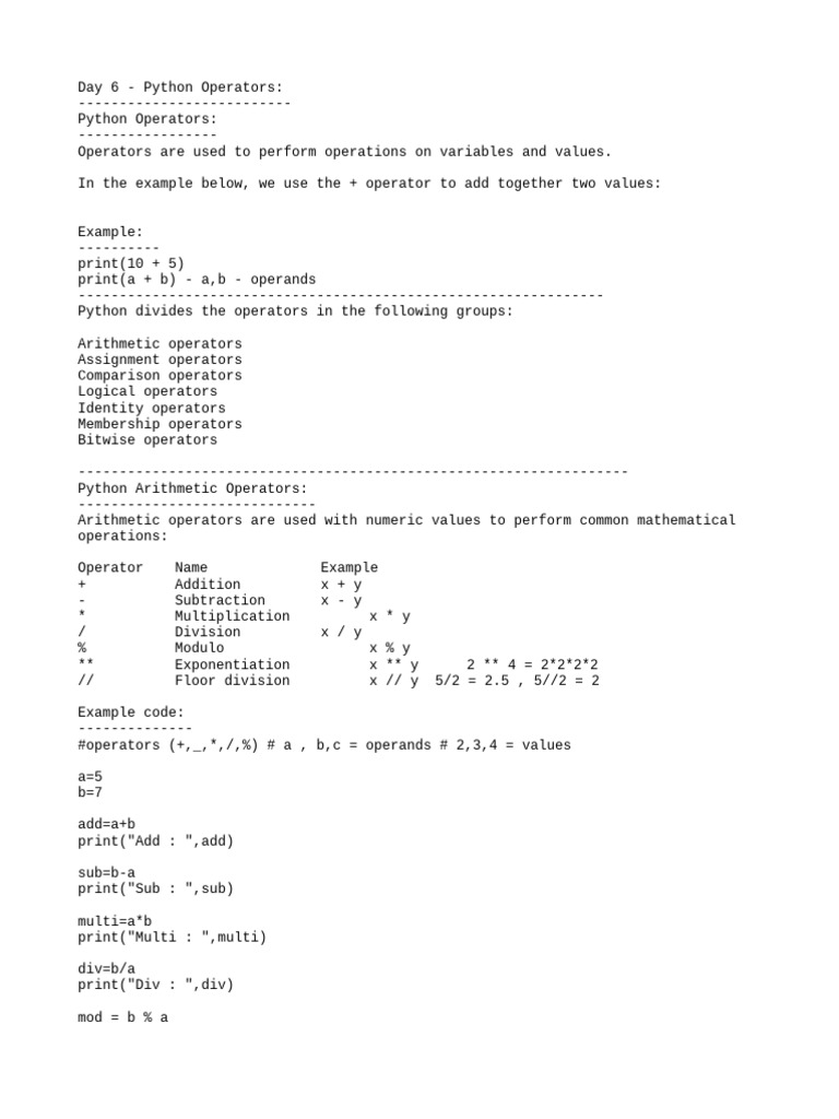 Python Operators Explained: Types & Examples | PDF | Computer ...