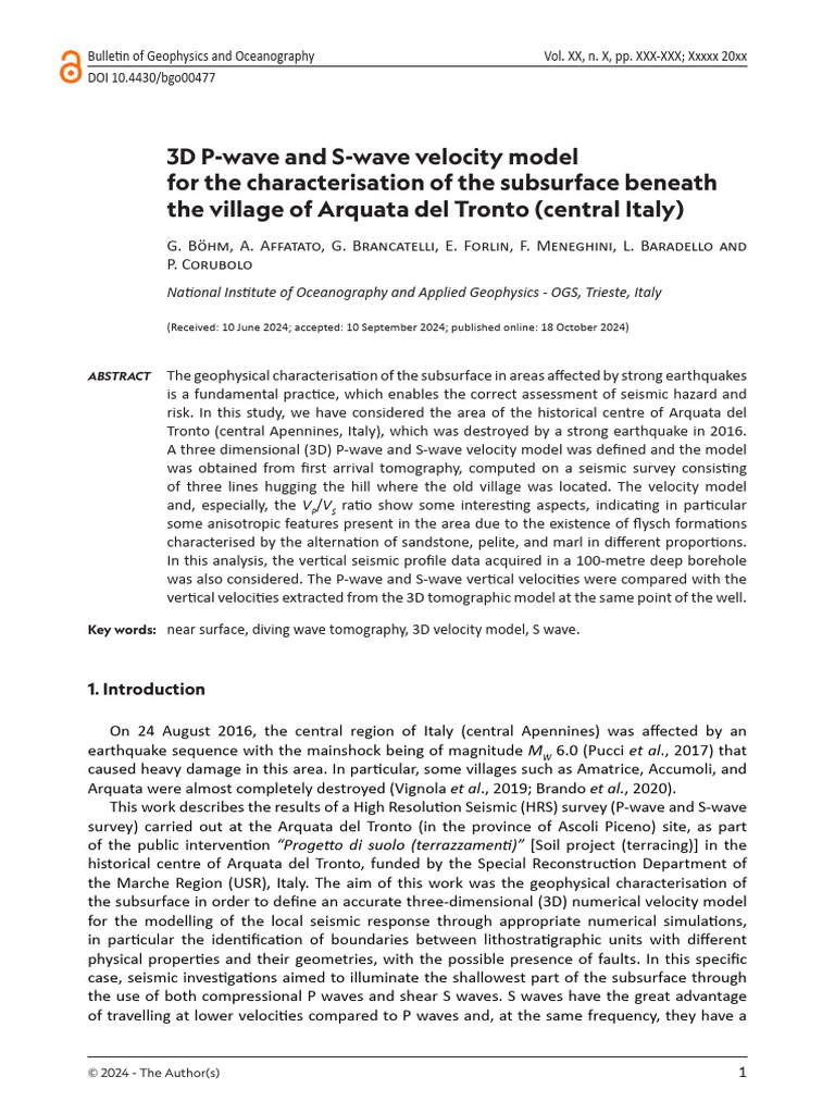 3D P-Wave and S-Wave Velocity Model For The Characterisation of The ...