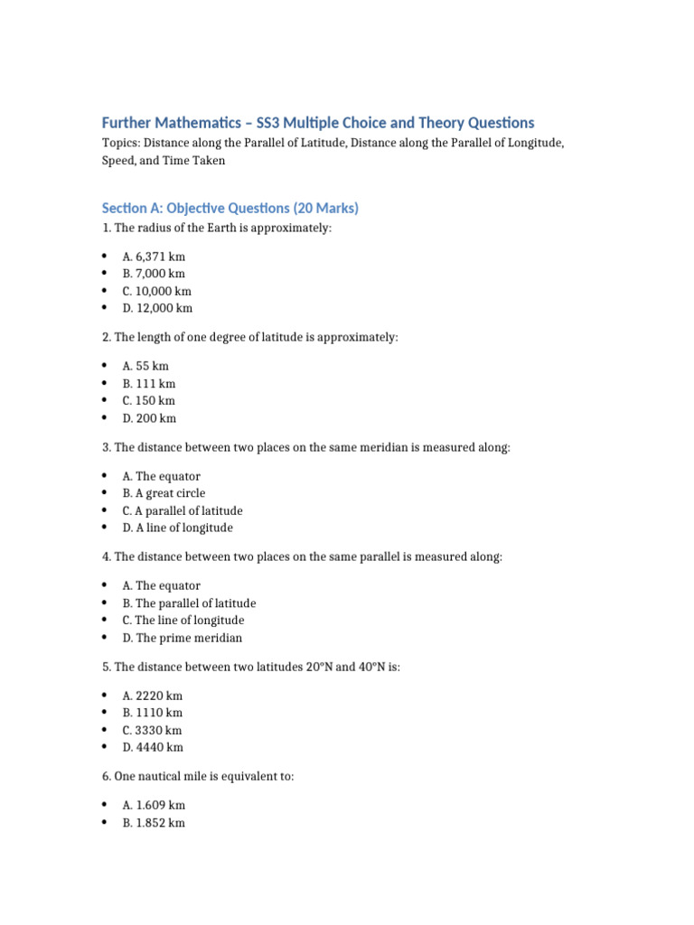 Further Mathematics SS3 Questions | PDF | Latitude | Longitude