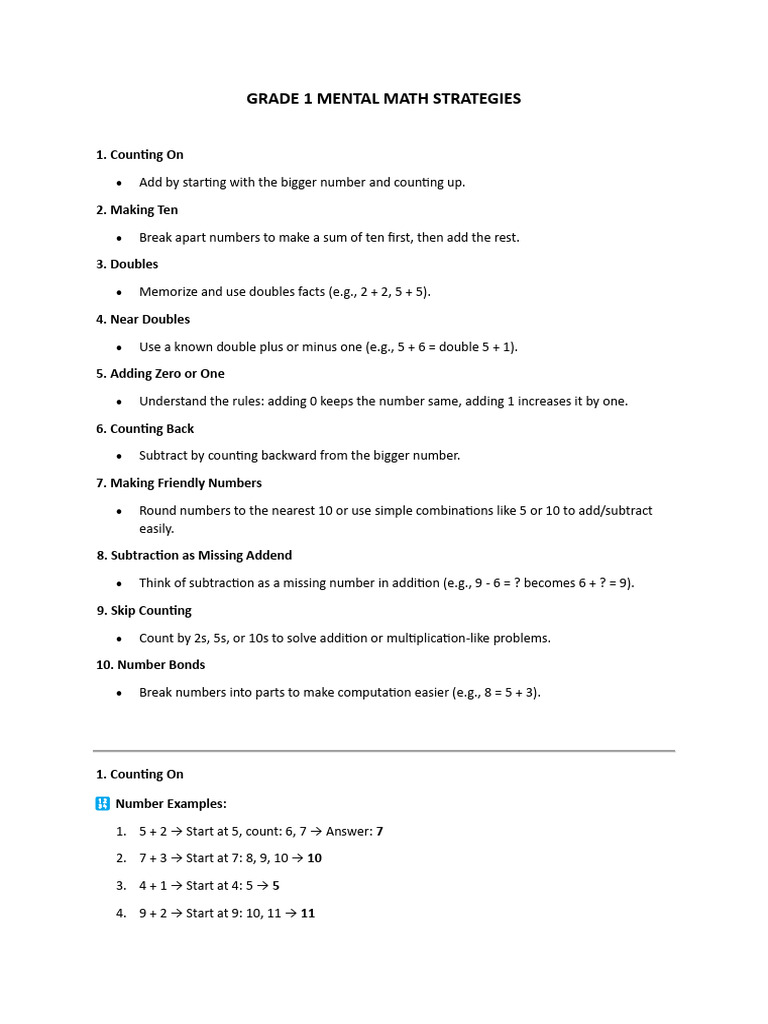 Grade 1 Mental Math Techniques | PDF