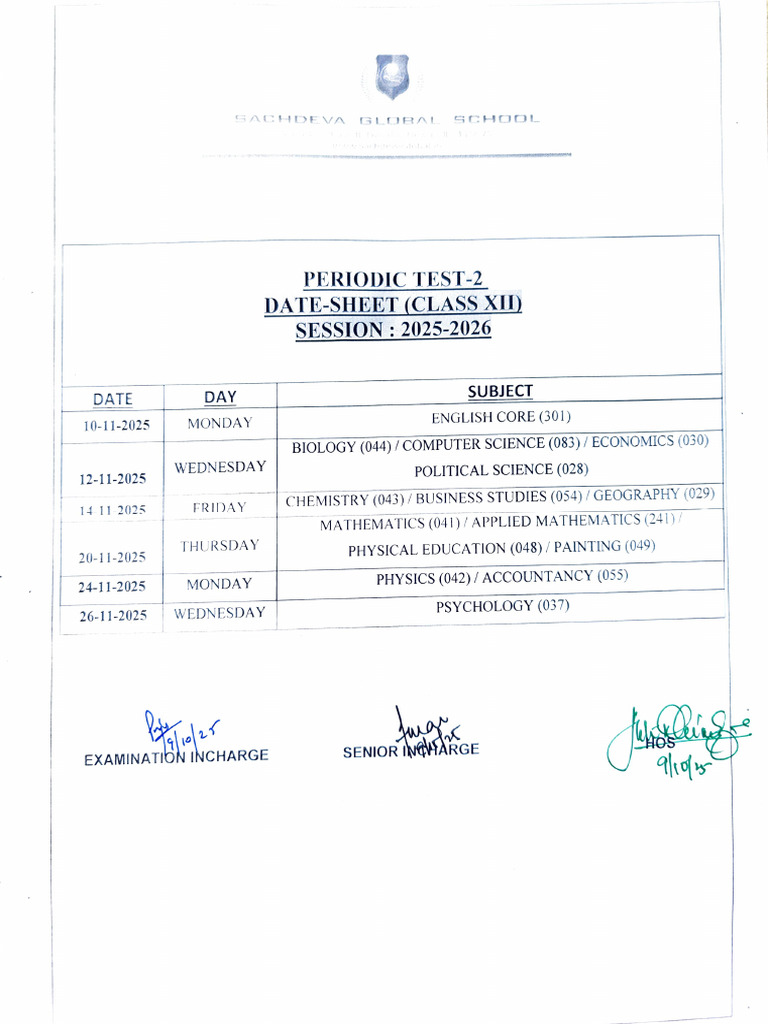 Class XII PT-2 Datesheet (2025-26) | PDF