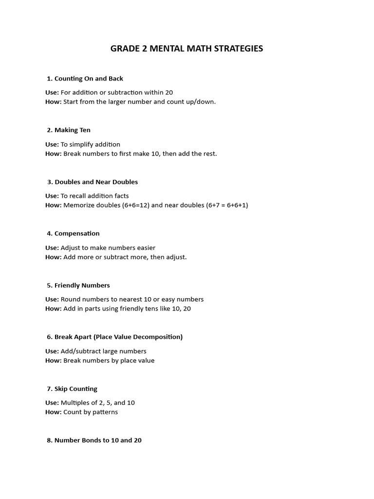 Grade 2 Mental Math Techniques | PDF | Subtraction | Mathematics