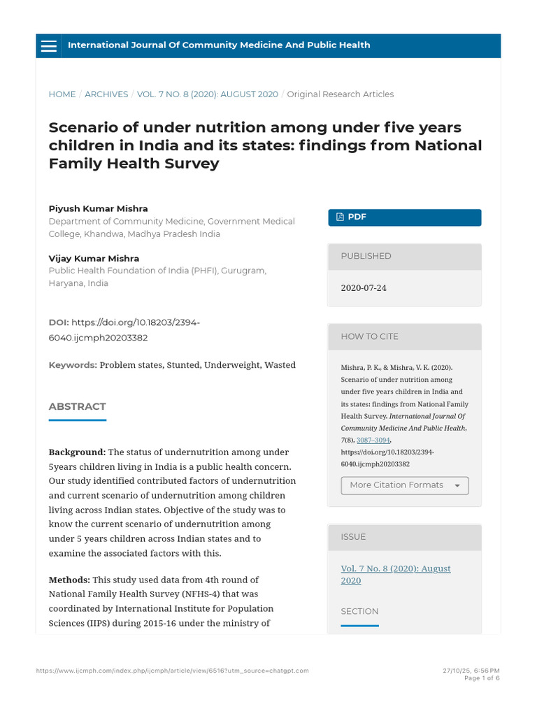 Scenario of Under Nutrition Among Under Five Years Children in India ...