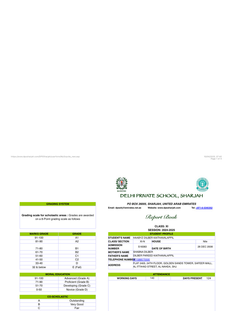 DPS Sharjah Class XI Report Card 2024-25 | PDF | Learning