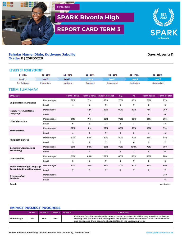 SPARK Rivonia High Term 3 Report Card | PDF | Cognition | Learning