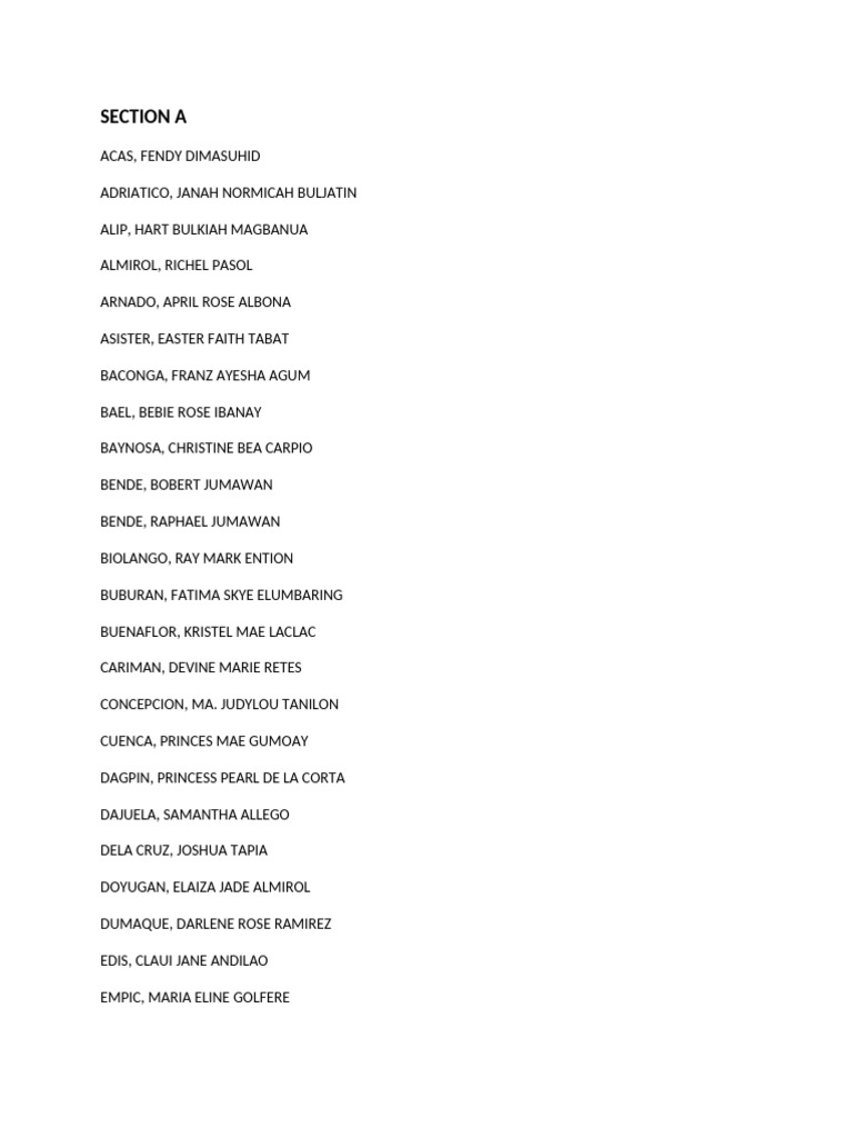 Student Names List by Section | PDF