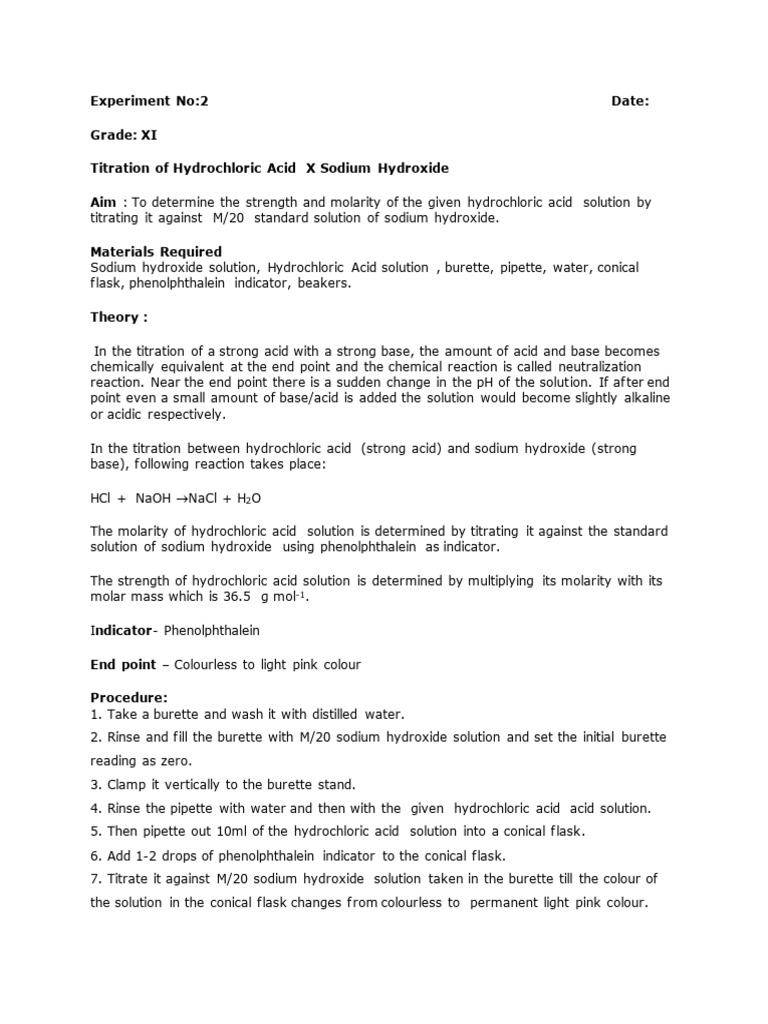 Titration of HCl with NaOH Procedure | PDF | Titration | Chemistry