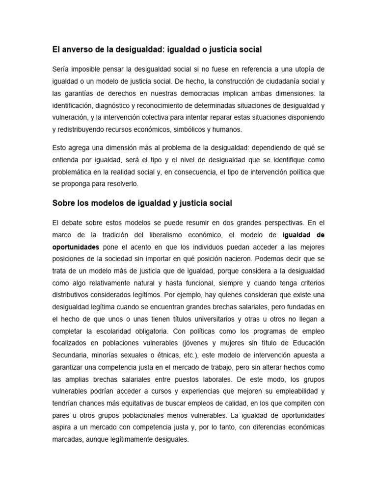 Desigualdad: Igualdad vs Justicia Social | PDF | Desigualdad social ...