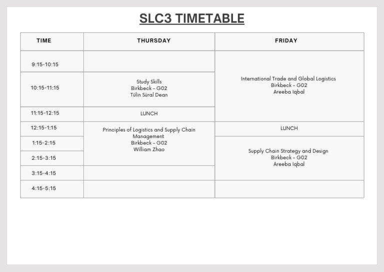 SLC3 Timetable for Logistics Courses | PDF