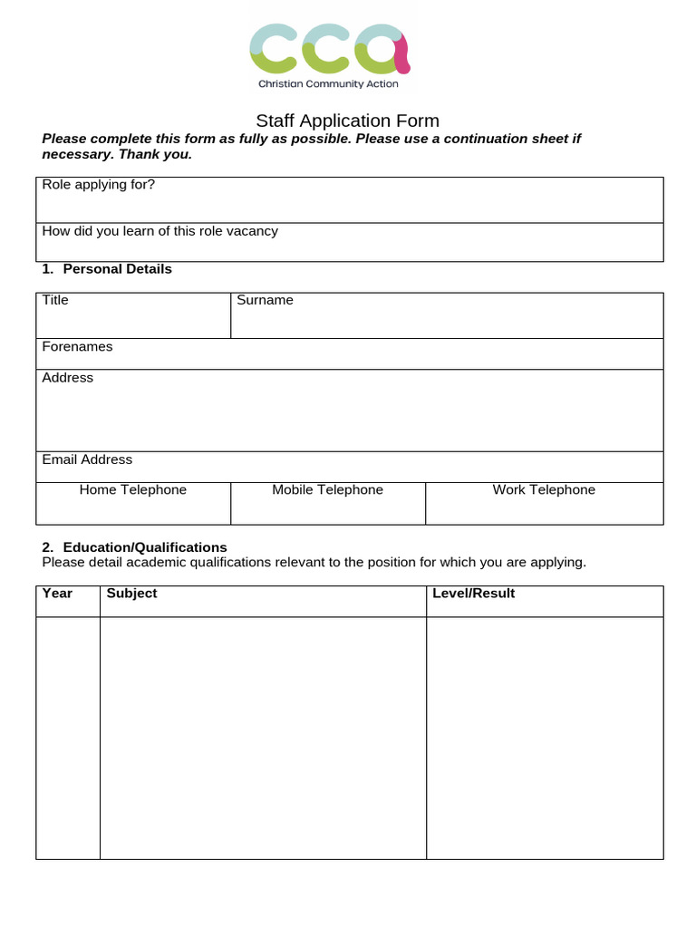 Staff Application Form Template | PDF