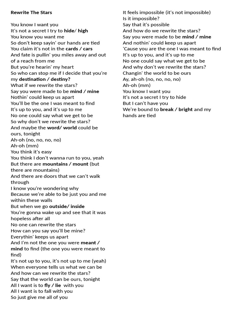 Rewrite The Stars Lyrics Analysis | PDF