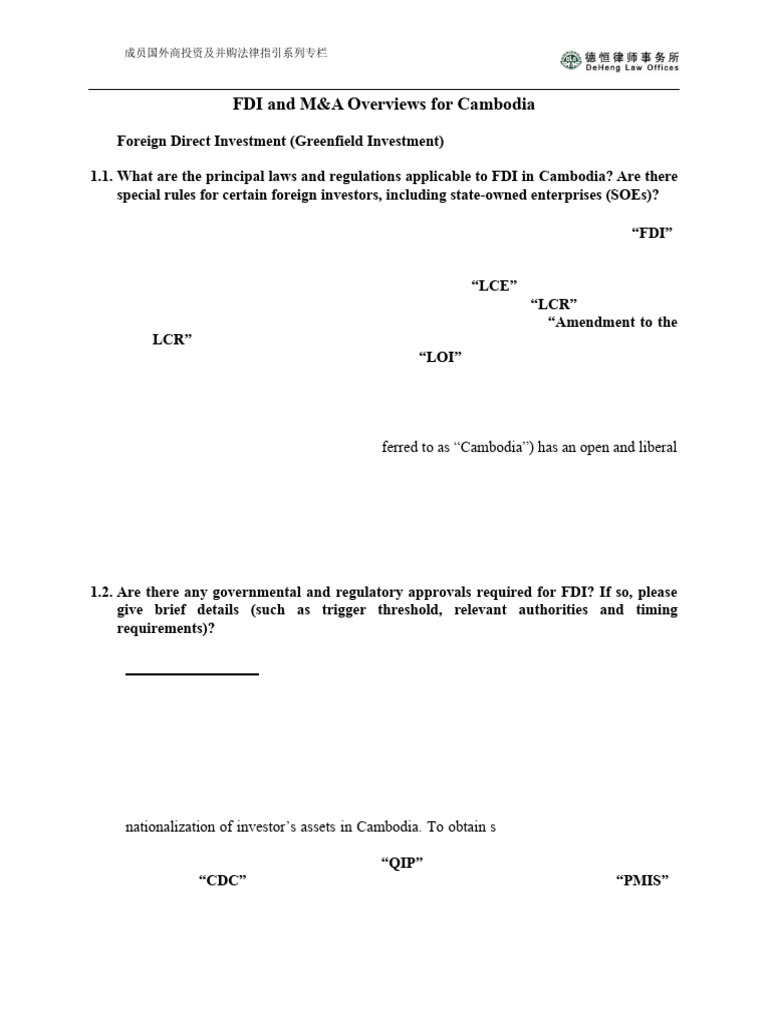 FDI and M&a Overview For Cambodia | PDF | Mergers And Acquisitions ...