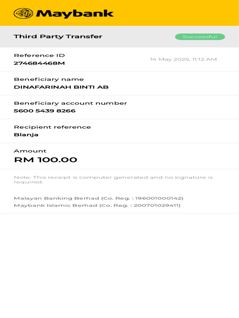 Third Party Transfer: Reference ID 274684468M Beneficiary Name ...
