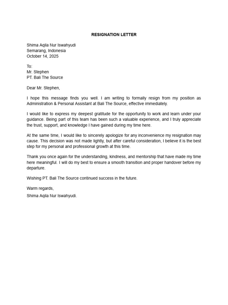 Resignation Letter from Shima Aqila | PDF