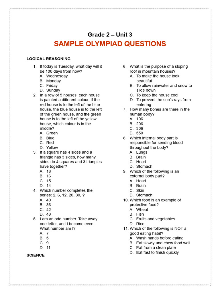 Grade 2 Olympiad Sample Questions | PDF