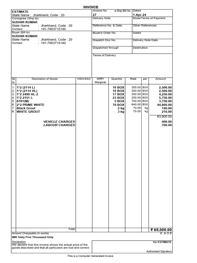 Jharkhand Invoice for Sudhir Kumar | PDF | Invoice | Business