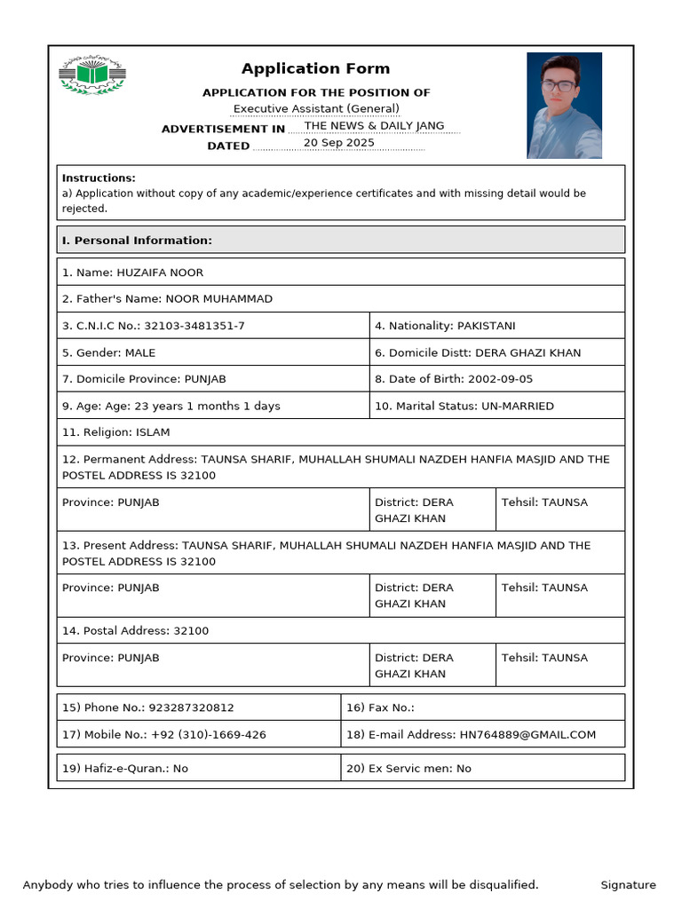 Executive Assistant Application Form | PDF