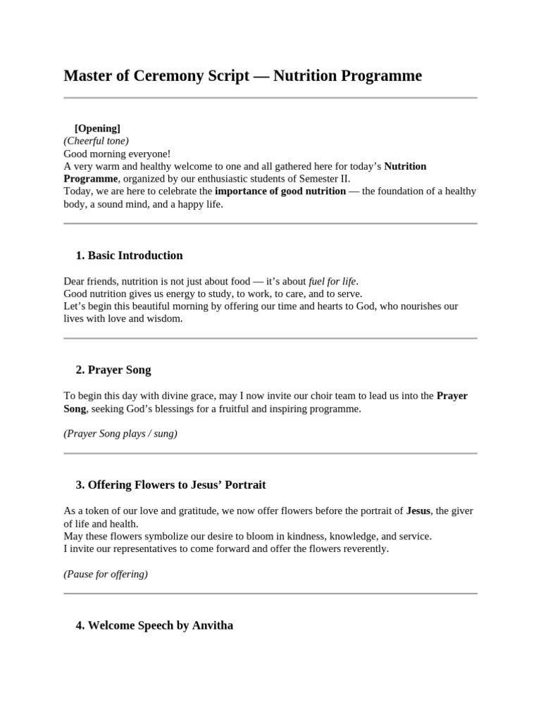 Nutrition Programme Master of Ceremony Script | PDF | Gratitude