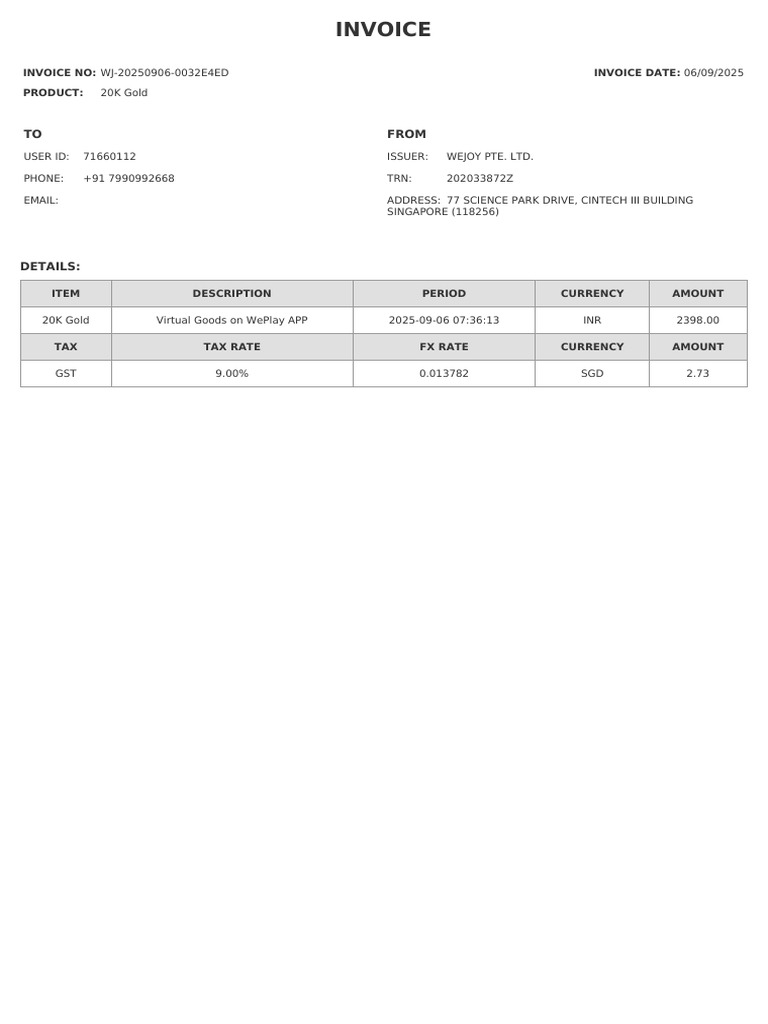 Invoice for 20K Gold Purchase | PDF