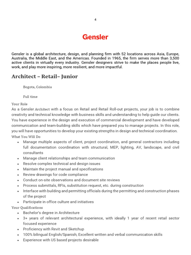 Junior Retail Architect Position at Gensler | PDF | Architect | Gender
