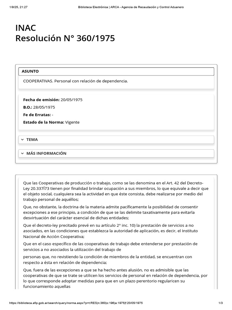 Res. (INAC) 360.1975 Relación de dependencia | PDF
