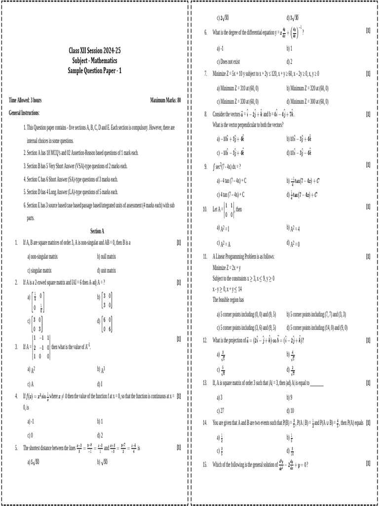 Class XII Session 2024-25 Subject - Mathematics Sample Question Paper ...