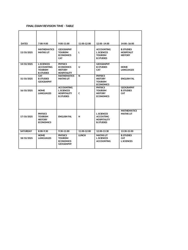 Final Exam Revision Schedule 2025 | PDF