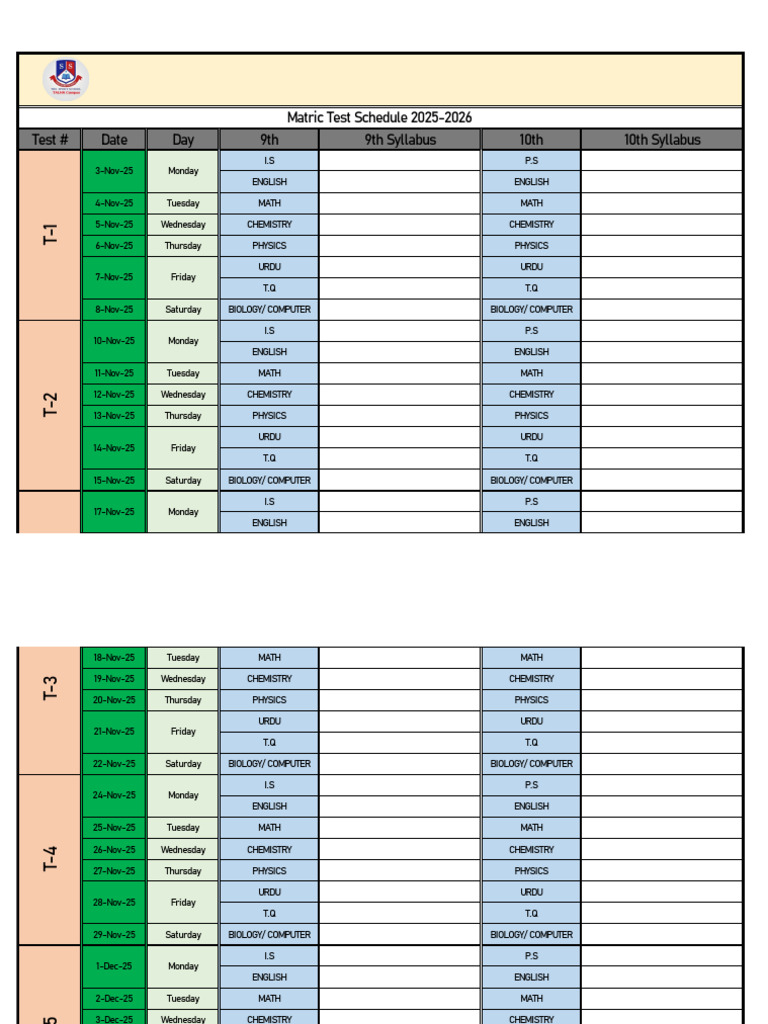 Matric Exam Schedule 2026 | PDF
