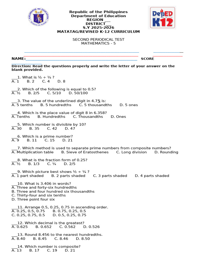 Mathematics Periodical Test for Grade 5 | PDF | Numbers | Prime Number