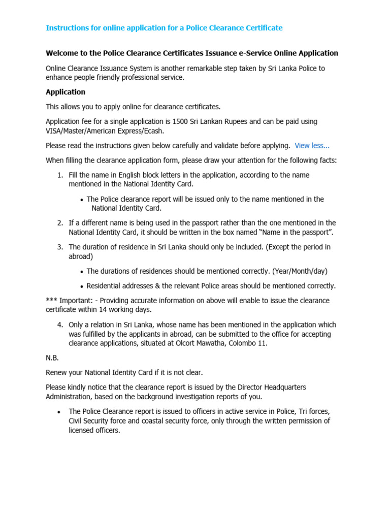 Instructions For Online Application For A Police Clearance Certificate ...