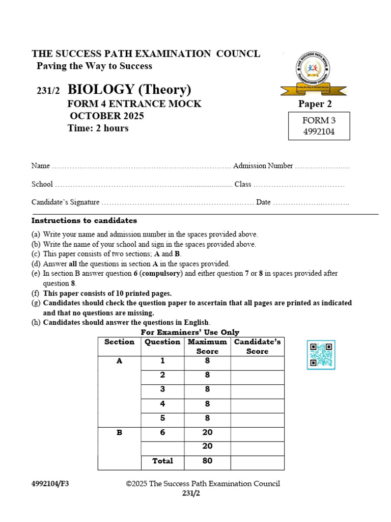 Biology Mock Exam Paper 2025 | PDF | Biology