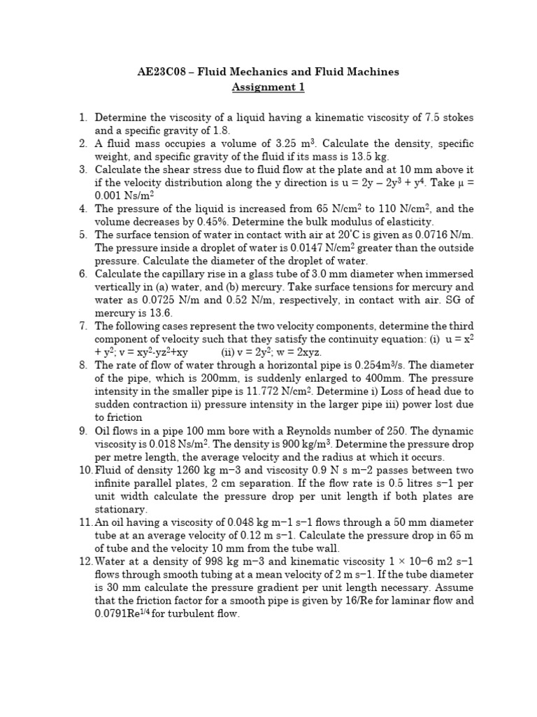 Fluid Mechanics Assignment Solutions | PDF | Viscosity | Fluid Dynamics