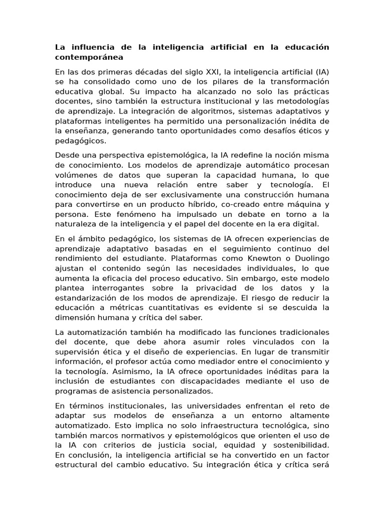 IA y su impacto en la educación actual | PDF | Inteligencia artificial ...