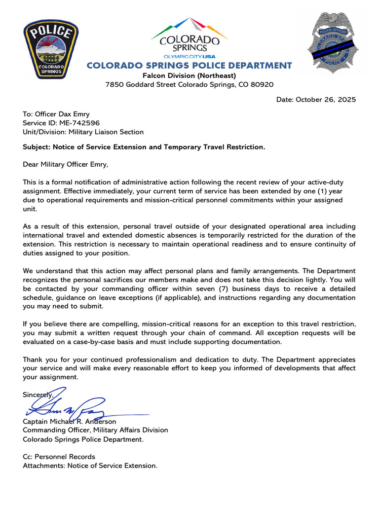 Colorado Springs PD Notice Dax Emry PDF