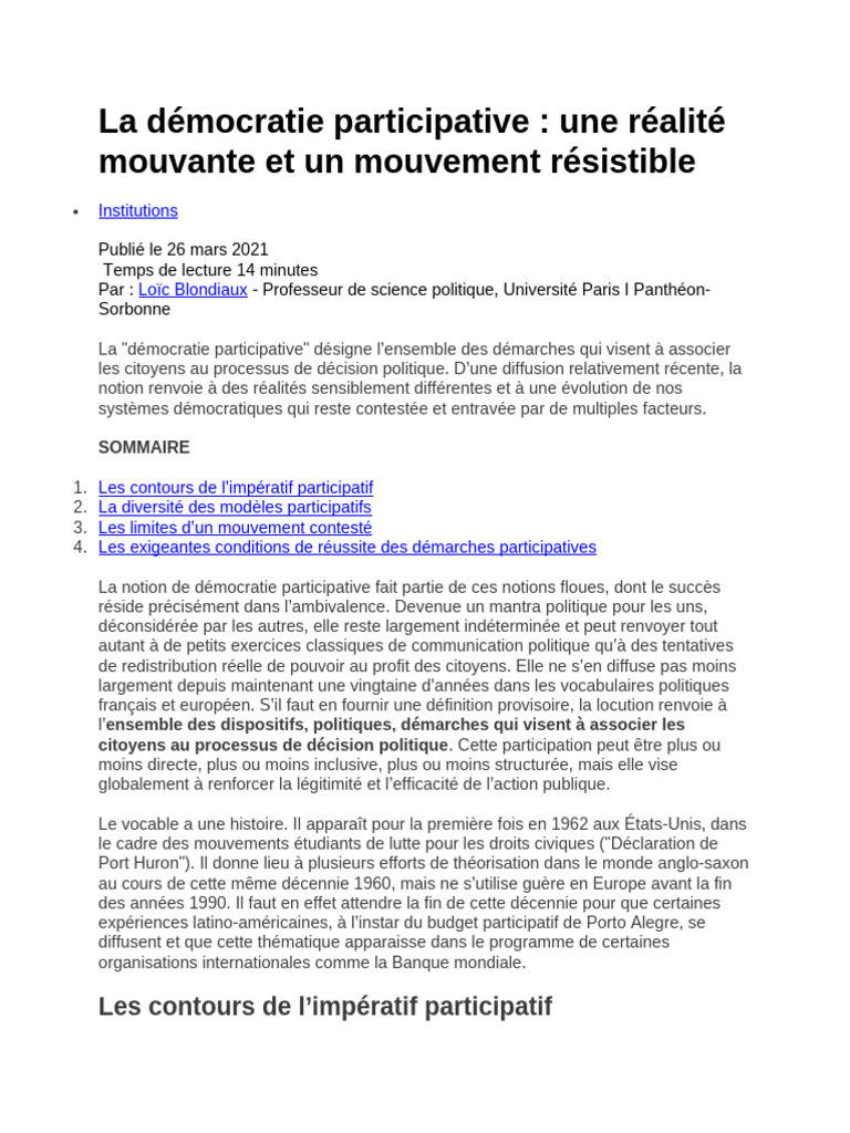 Démocratie participative : enjeux et modèles | PDF | Démocratie ...