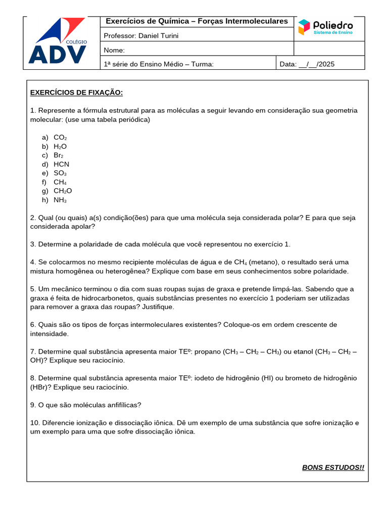 Exercícios de Química: Polaridade e Forças Intermoleculares | PDF ...