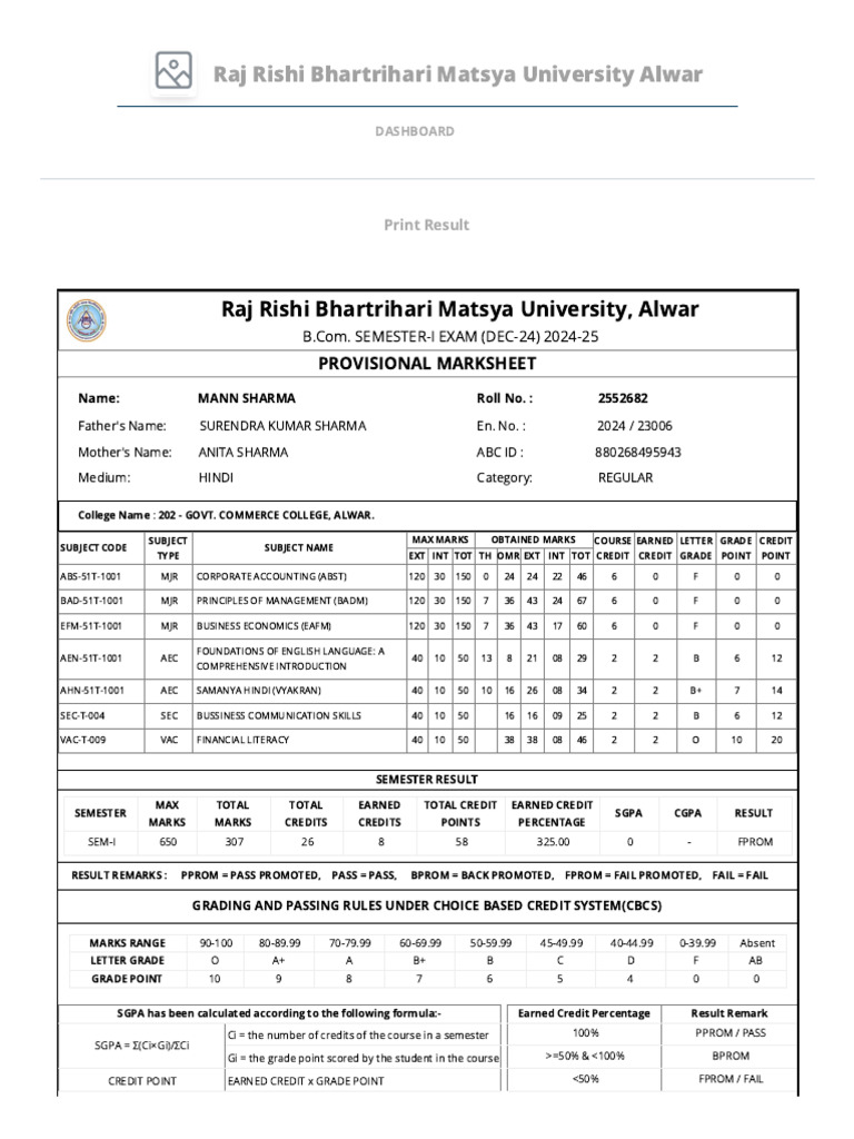 B.Com Semester-I Provisional Marksheet | PDF | Course Credit | Academia