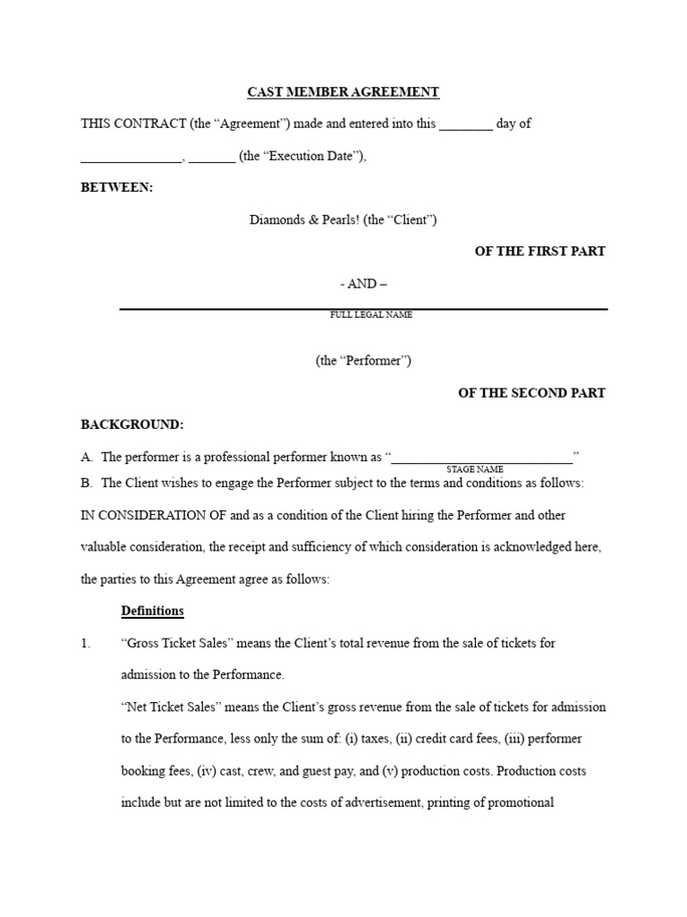 Cast Member Agreement for Performers | PDF | Non Disclosure Agreement ...