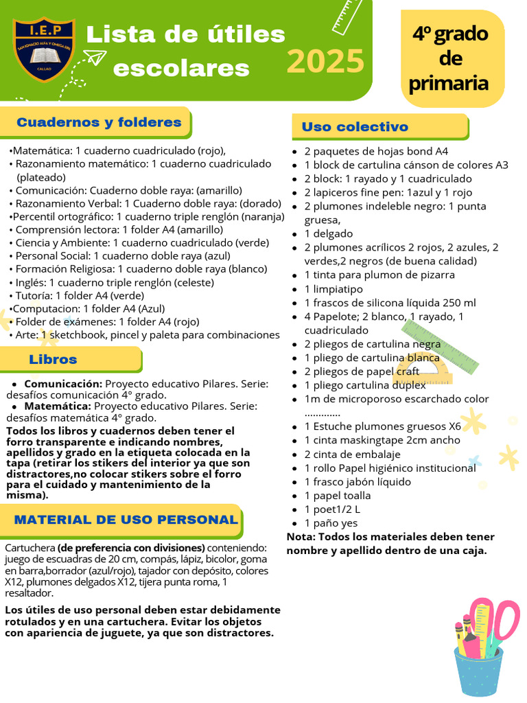 Útiles escolares 4º grado 2025 | PDF | Moda | Ropa