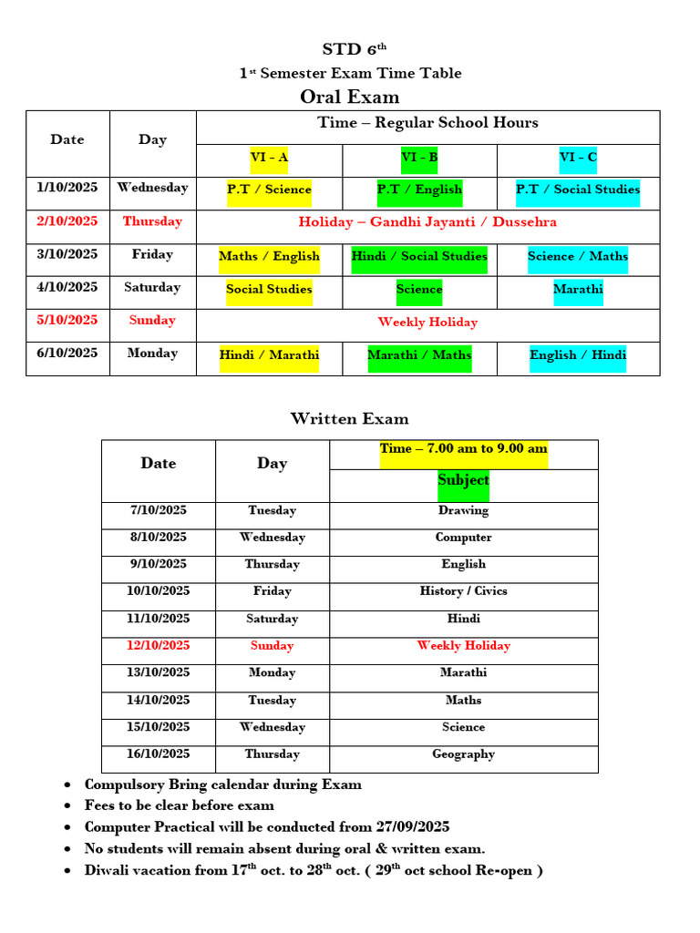 STD 6 1st Semester Exam Schedule 2025 | PDF
