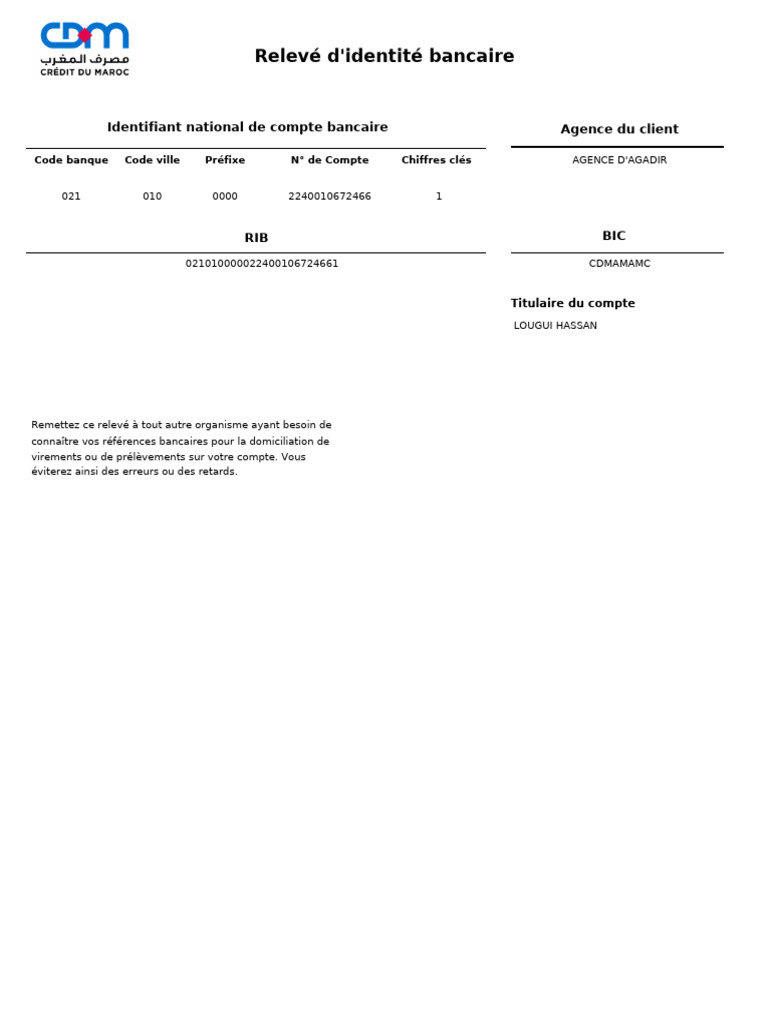 RIB et informations bancaires Agadir | PDF