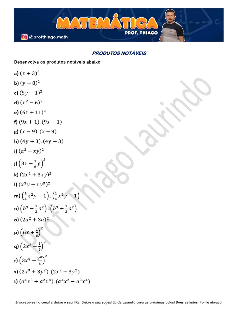 Produtos Notáveis: Exercícios e Soluções | PDF