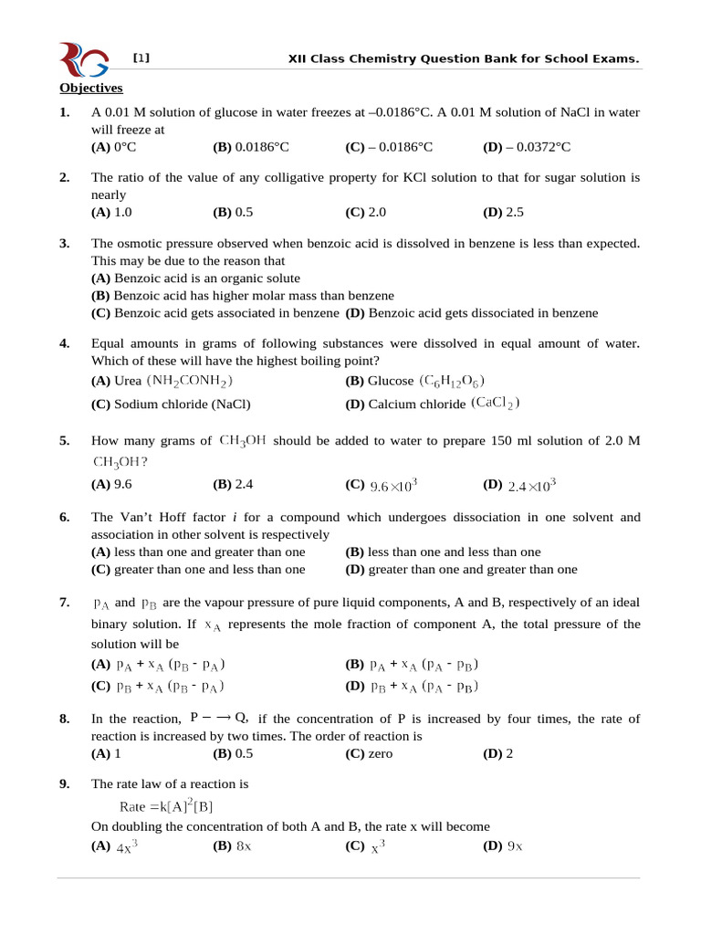 XII Class Chemistry Exam Question Bank | PDF | Reaction Rate | Chemical ...