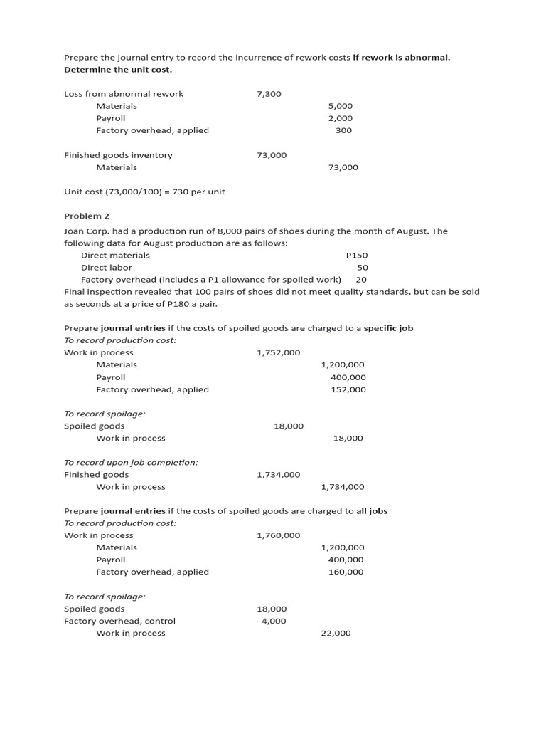 Journal Entries for Abnormal Rework Costs | PDF | Business Process ...