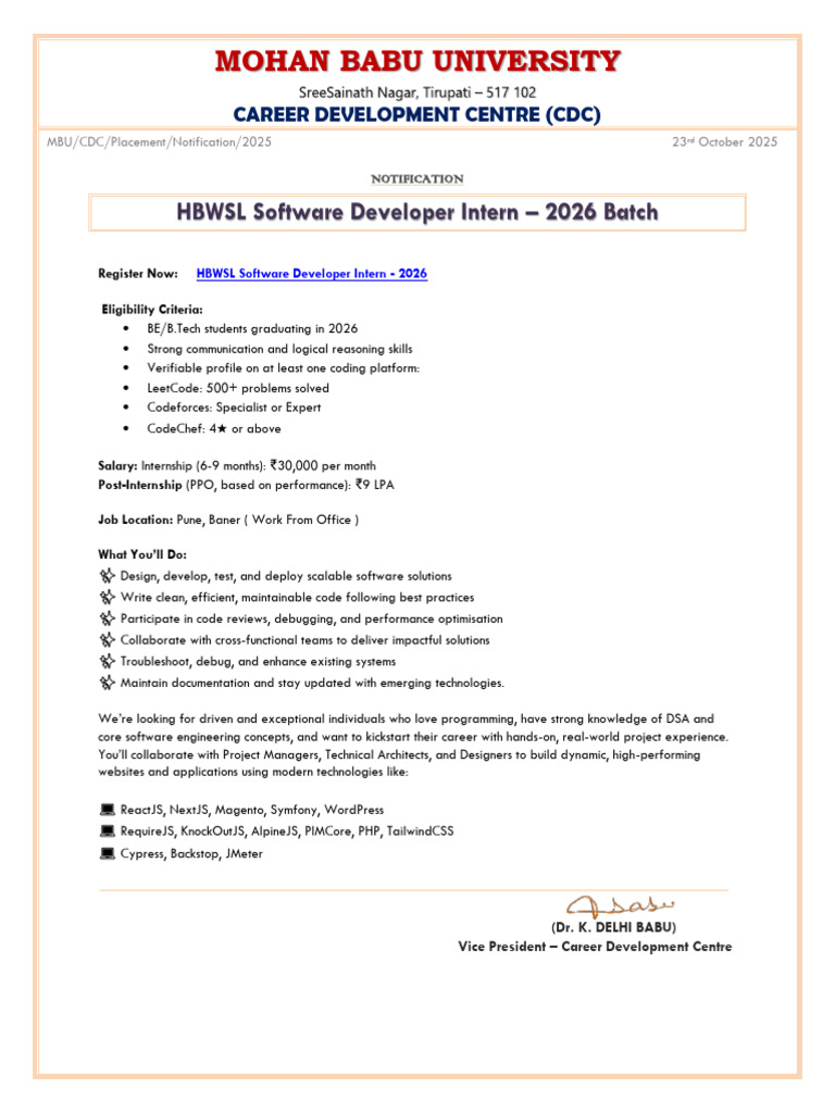 HBWSL Software Developer Intern 2026 | PDF